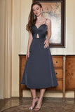 Black Spaghetti Straps Midi Simple Ball Dress with Hollow Out