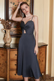 Black Spaghetti Straps Midi Simple Ball Dress with Hollow Out