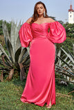 Sheath Off the Shoulder Fuchsia Plus Size Ball Dress with Long Sleeves