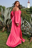 Sheath Off the Shoulder Fuchsia Plus Size Ball Dress with Long Sleeves