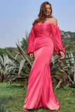 Sheath Off the Shoulder Fuchsia Plus Size Ball Dress with Long Sleeves