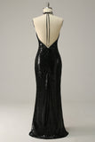 Sheath Halter Black Sequins Plus Size Ball Dress with Open Back