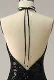 Sheath Halter Black Sequins Plus Size Ball Dress with Open Back