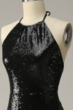 Sheath Halter Black Sequins Plus Size Ball Dress with Open Back