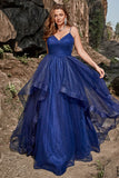 A Line Spaghetti Straps Navy Plus Size Ball Dress