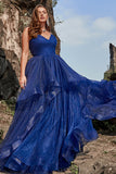 A Line Spaghetti Straps Navy Plus Size Ball Dress