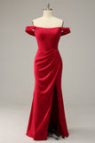 Mermaid Off the Shoulder Burgundy Plus Size Ball Dress with Split Front