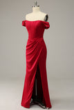 Mermaid Off the Shoulder Burgundy Plus Size Ball Dress with Split Front