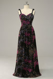 A Line Spaghetti Straps Black Mixed Flower Plus Size Ball Dresses