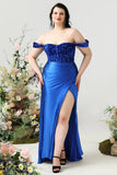 Sheath Off the Shoulder Royal Blue Plus Size Ball Dress with Split Front