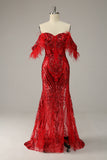 Mermaid Off the Shoulder Burgundy Plus Size Ball Dress with Feathers