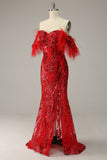 Mermaid Off the Shoulder Burgundy Plus Size Ball Dress with Feathers