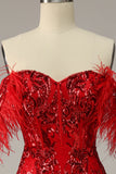 Mermaid Off the Shoulder Burgundy Plus Size Ball Dress with Feathers