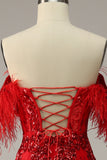 Mermaid Off the Shoulder Burgundy Plus Size Ball Dress with Feathers