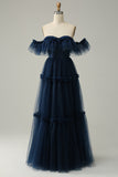 A-Line Off the Shoulder Sweetheart Tulle Navy Long Ball Dress