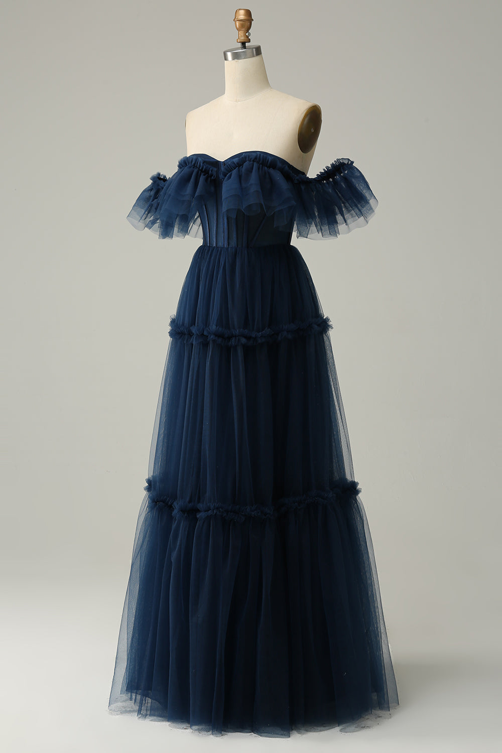 A-Line Off the Shoulder Sweetheart Tulle Navy Long Ball Dress