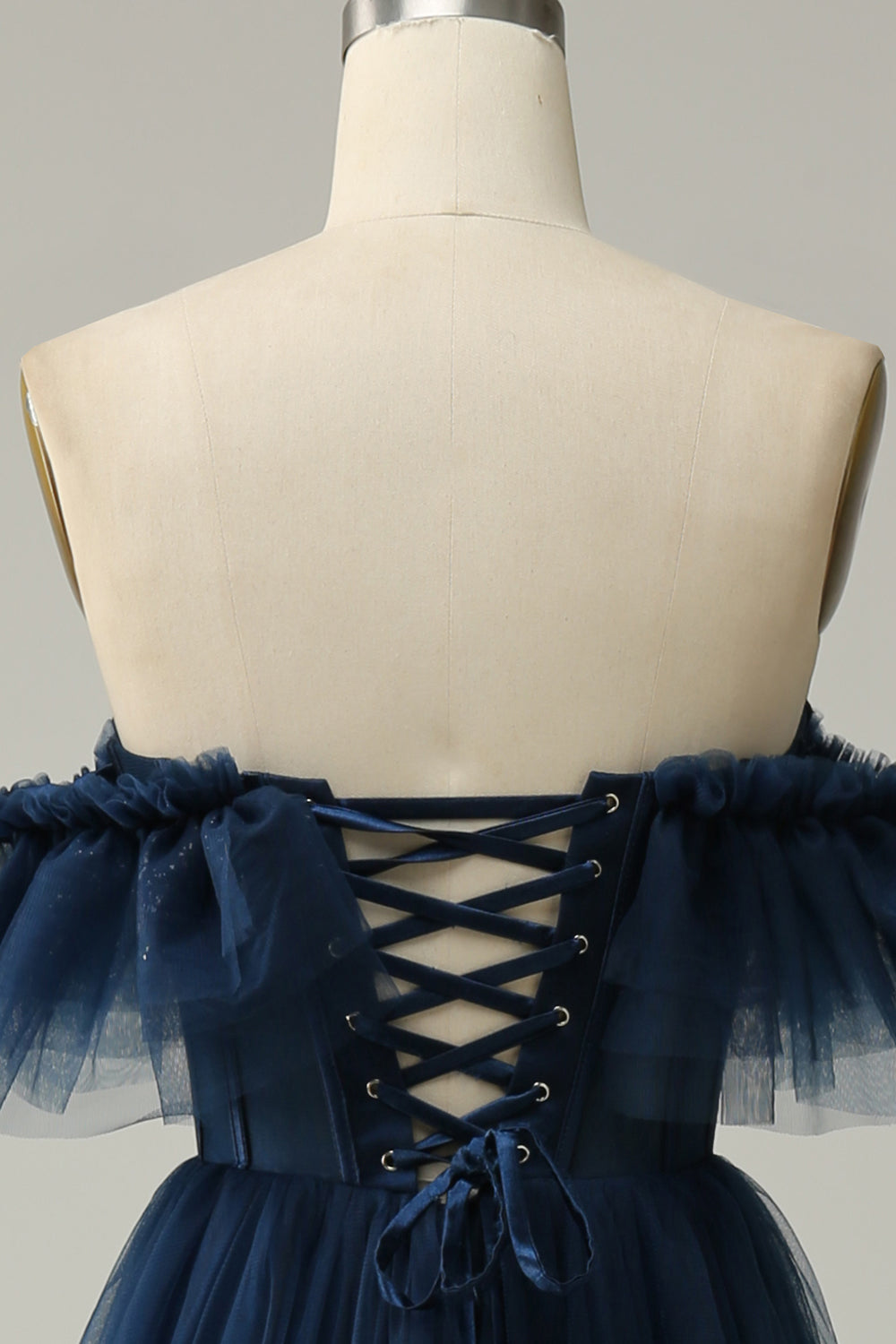 A-Line Off the Shoulder Sweetheart Tulle Navy Long Ball Dress