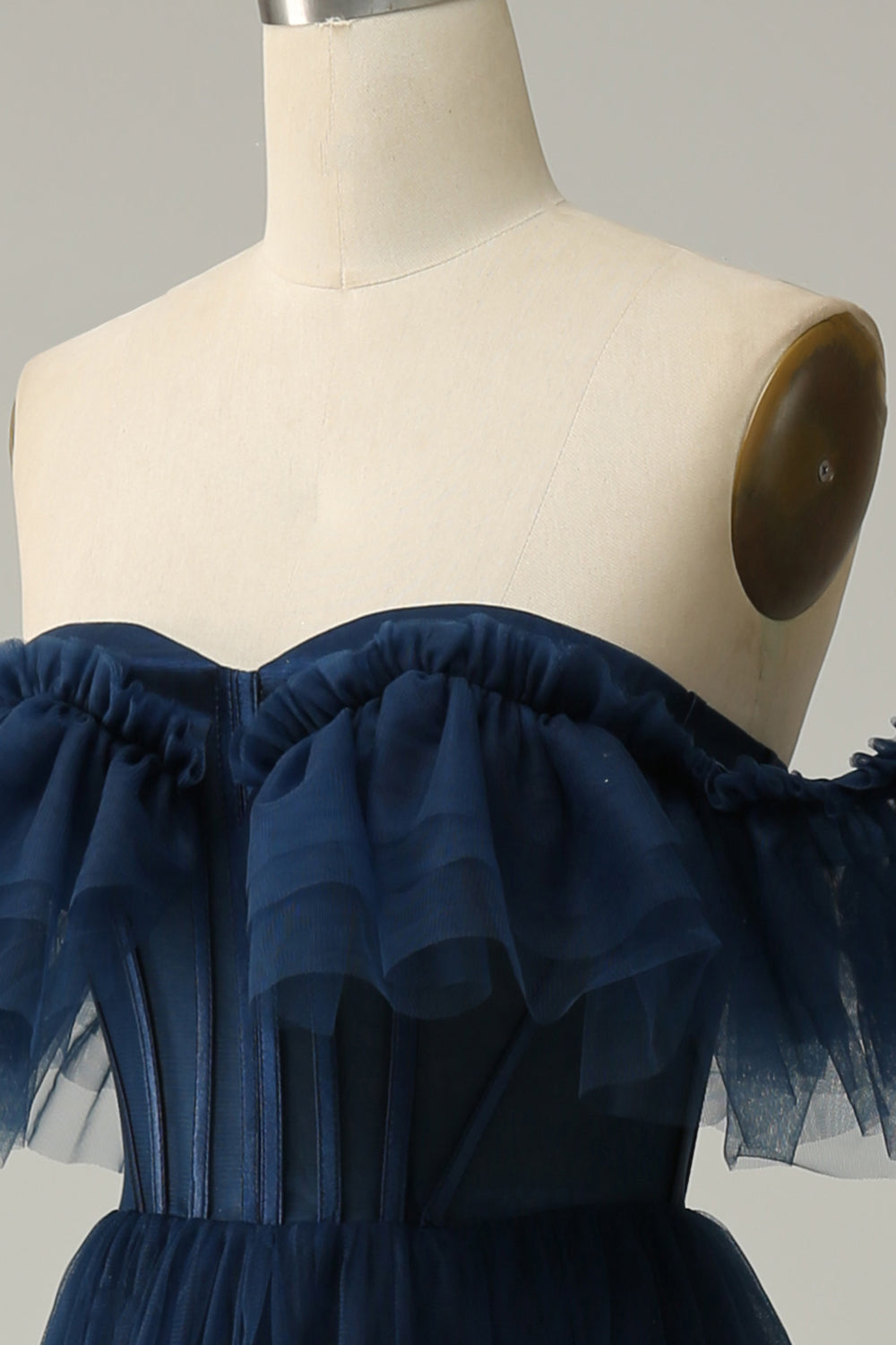 A-Line Off the Shoulder Sweetheart Tulle Navy Long Ball Dress