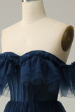 A-Line Off the Shoulder Sweetheart Tulle Navy Long Ball Dress