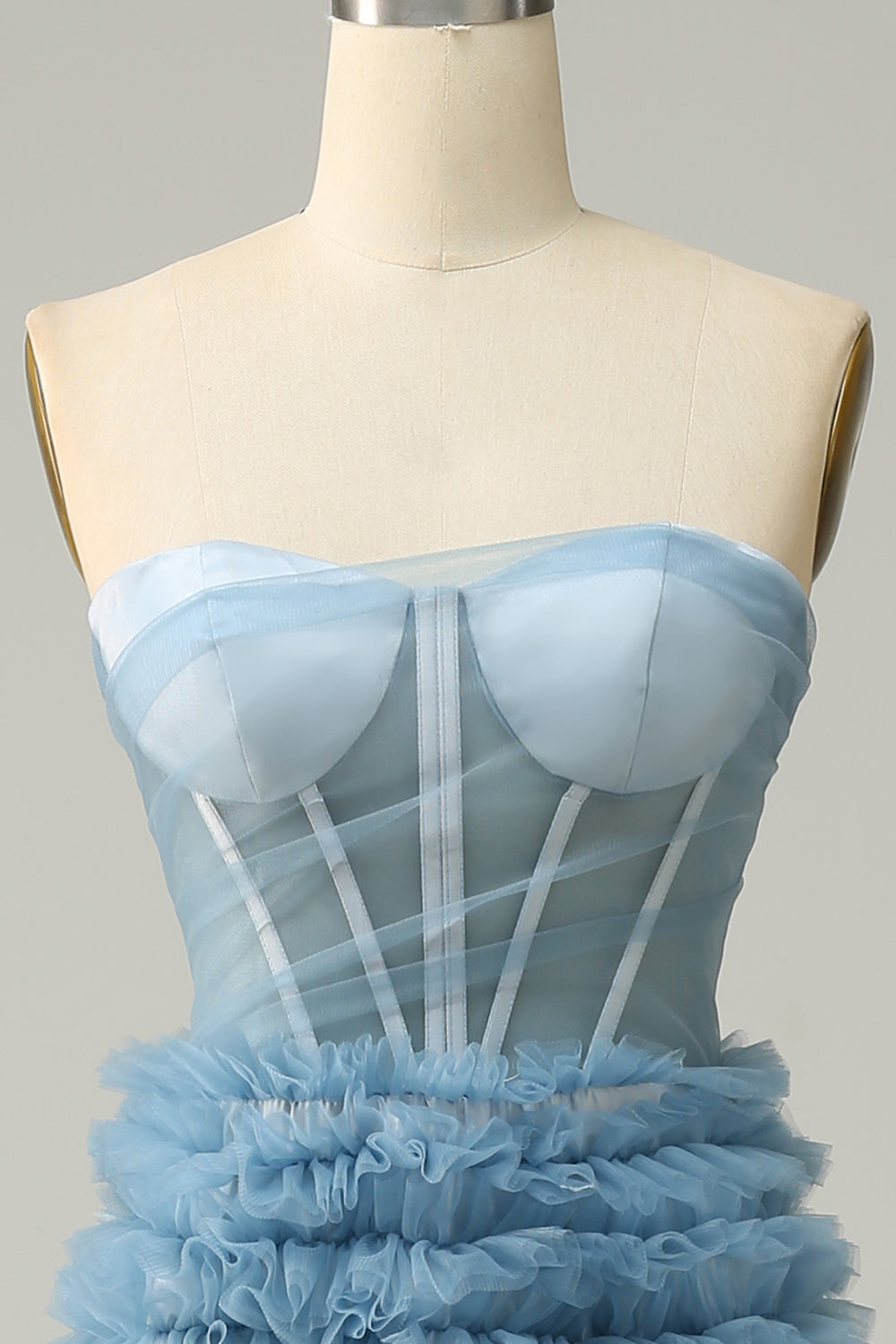 A Line Sweetheart Grey Blue Long Ball Dress with Ruffles