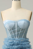 A Line Sweetheart Grey Blue Long Ball Dress with Ruffles