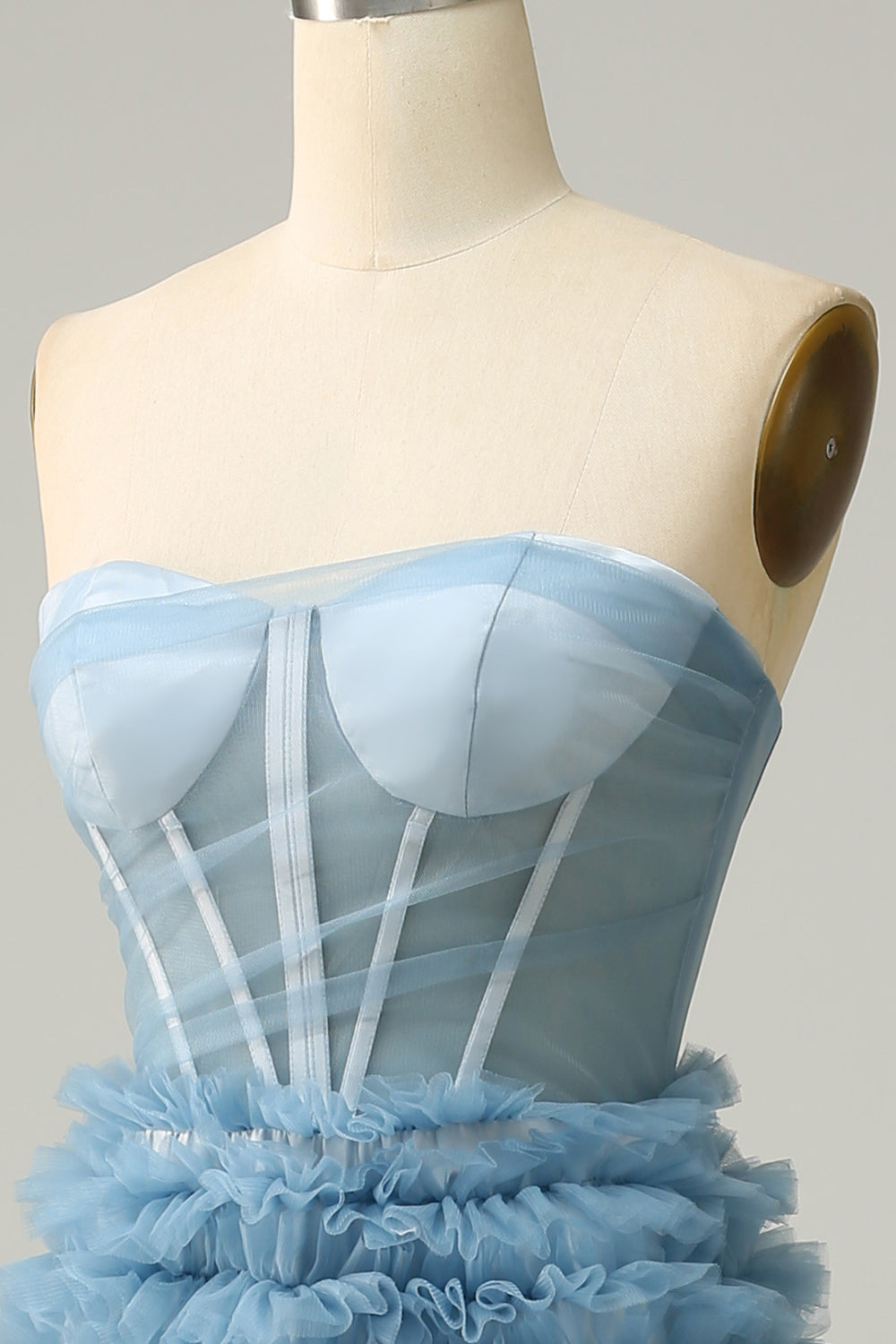 A Line Sweetheart Grey Blue Long Ball Dress with Ruffles