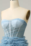A Line Sweetheart Grey Blue Long Ball Dress with Ruffles