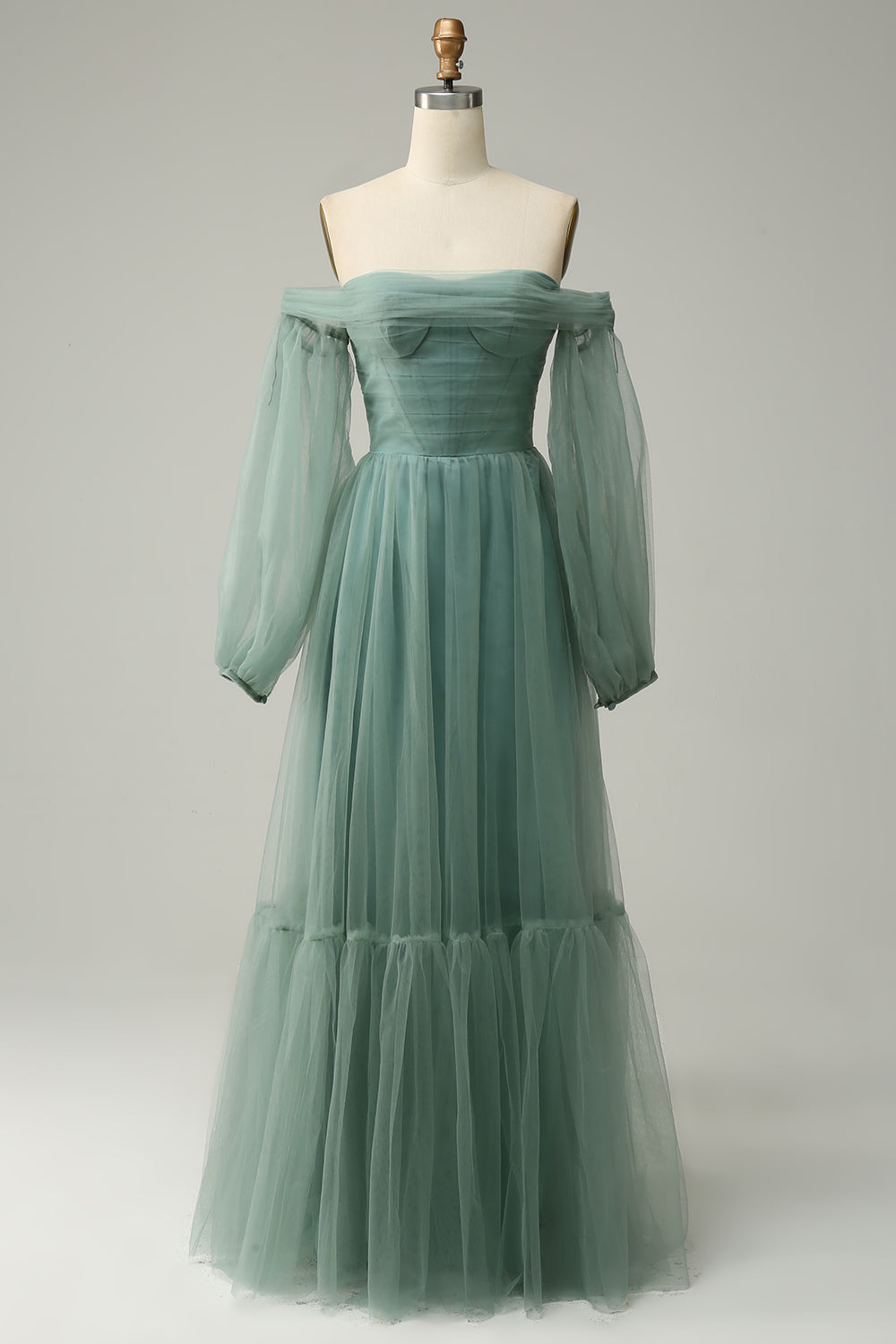 Off The Shoulder Grey Green A-Line Tull Ball Dress With Long Sleeves