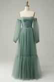 Off The Shoulder Grey Green A-Line Tull Ball Dress With Long Sleeves