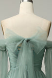 Off The Shoulder Grey Green A-Line Tull Ball Dress With Long Sleeves