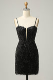 Sparkly Black Corset Sequins Tight Cocktail Dress with Lace