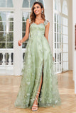 A Line Green Corset Long Tulle Ball Dress with 3D Butterflies Split Front