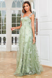 A Line Green Corset Long Tulle Ball Dress with 3D Butterflies Split Front