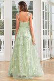 A Line Green Corset Long Tulle Ball Dress with 3D Butterflies Split Front