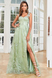 A Line Green Corset Long Tulle Ball Dress with 3D Butterflies Split Front