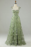 Green Corset Long Tulle Ball Dress with 3D Butterflies