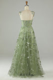 Green Corset Long Tulle Ball Dress with 3D Butterflies