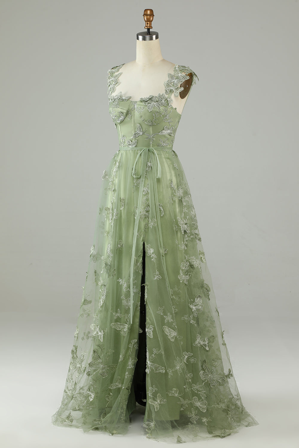 Green Corset Long Tulle Ball Dress with 3D Butterflies