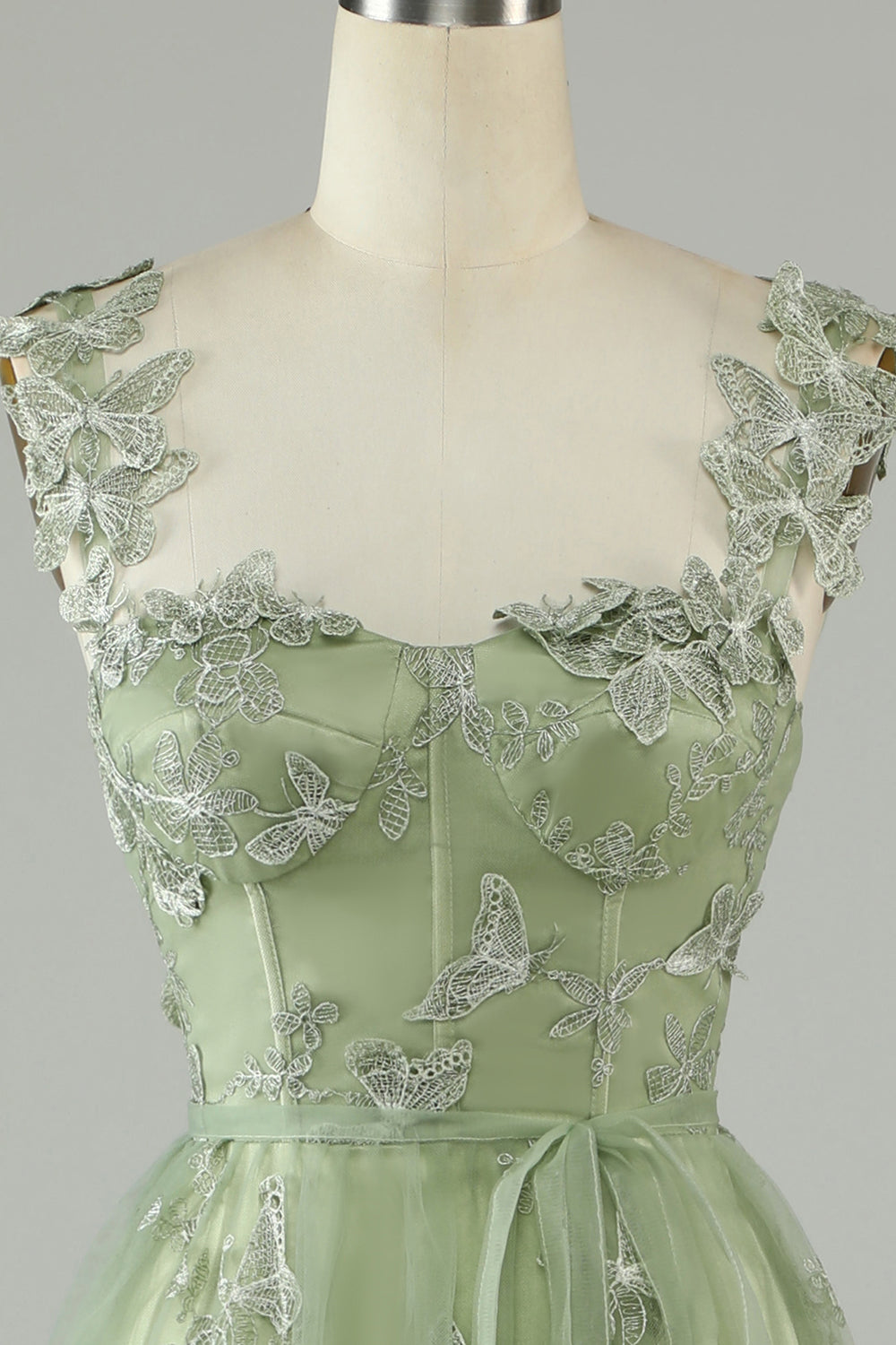 Green Corset Long Tulle Ball Dress with 3D Butterflies