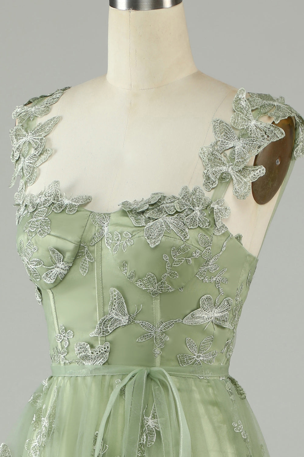 Green Corset Long Tulle Ball Dress with 3D Butterflies