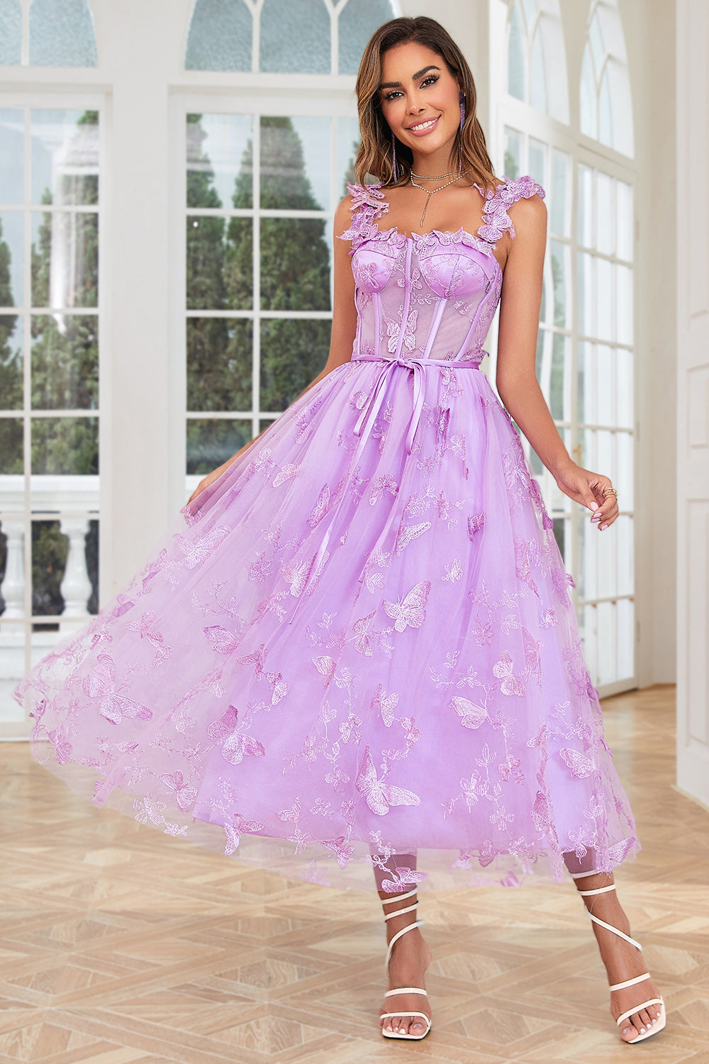 Unique A Line Purple Corset Ball Dress with Butterflies Appliques