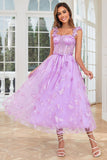 Unique A Line Purple Corset Ball Dress with Butterflies Appliques