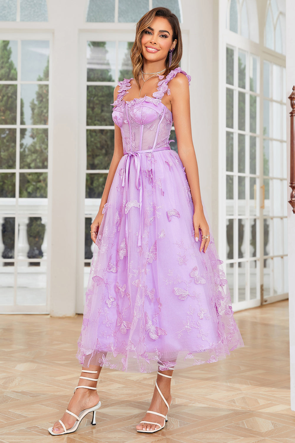 Unique A Line Purple Corset Ball Dress with Butterflies Appliques