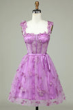 Cute A Line Sweetheart Purple Corset Cocktail Dress with Appliques