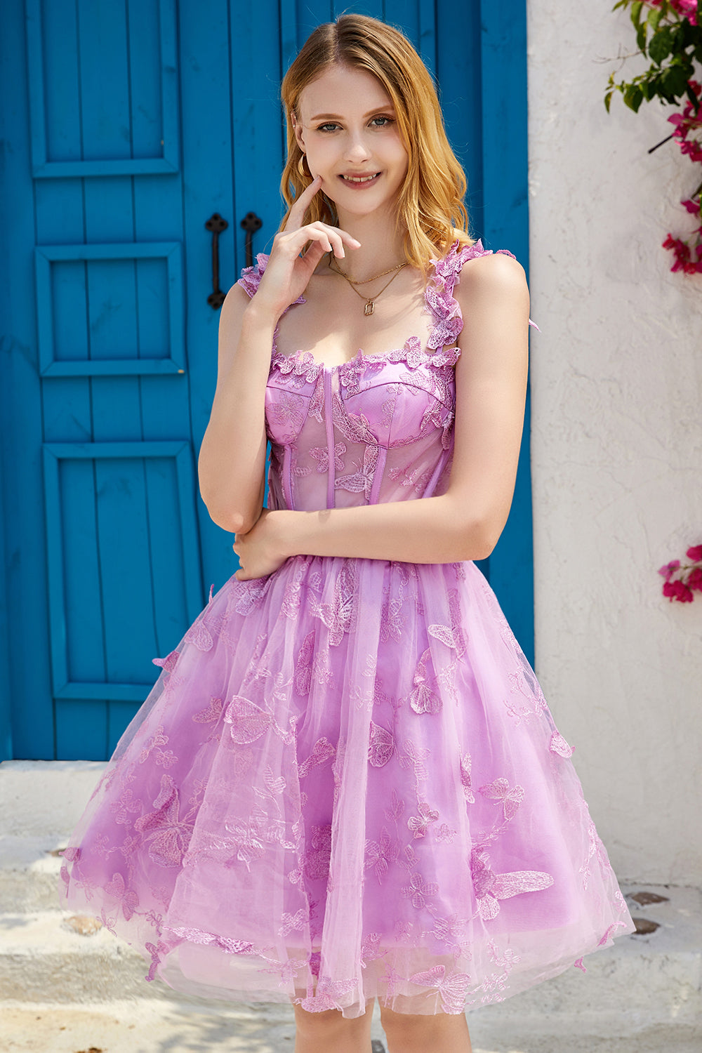 Purple A Line Corset Cocktail Dress with 3D Butterflies