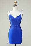 Sheath Spaghetti Straps Royal Blue Short Cocktail Dress with Beading