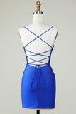 Sheath Spaghetti Straps Royal Blue Short Cocktail Dress with Beading