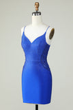 Sheath Spaghetti Straps Royal Blue Short Cocktail Dress with Beading