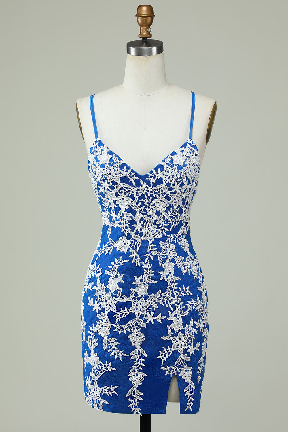 Spaghetti Straps Blue Sheath Short Ball Dress With Appliques