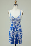 Spaghetti Straps Blue Sheath Short Ball Dress With Appliques